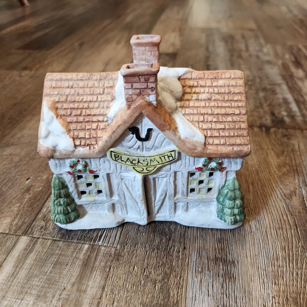 Vintage Ceramic Christmas Village Blacksmith Shop Tea Light Holder Snow Covered